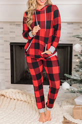 Christmas Plaid Print Hooded Drawstring Pockets Elastic Waist Pants Set